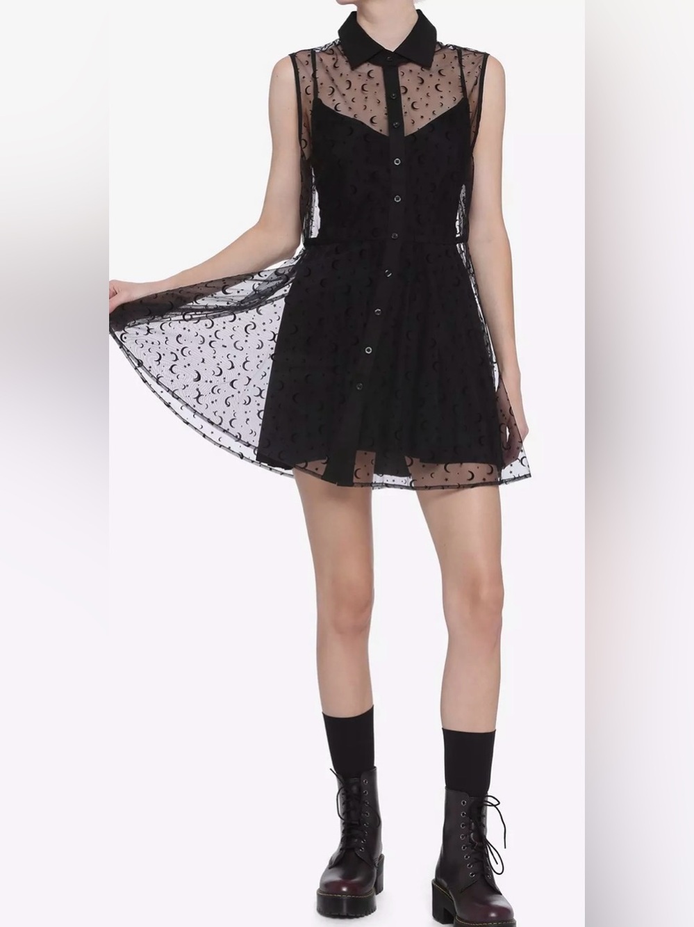 Hot Topic Black Sheer Mesh Moon & Stars Button Front Dress Size S/M